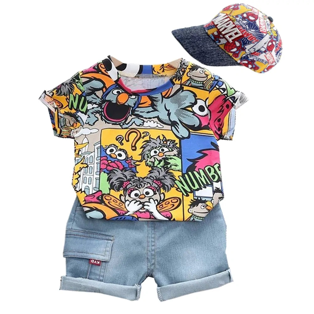 Kid Boys' Summer Graffiti Outfit with Sunhat: T-shirt & Denim Shorts Set